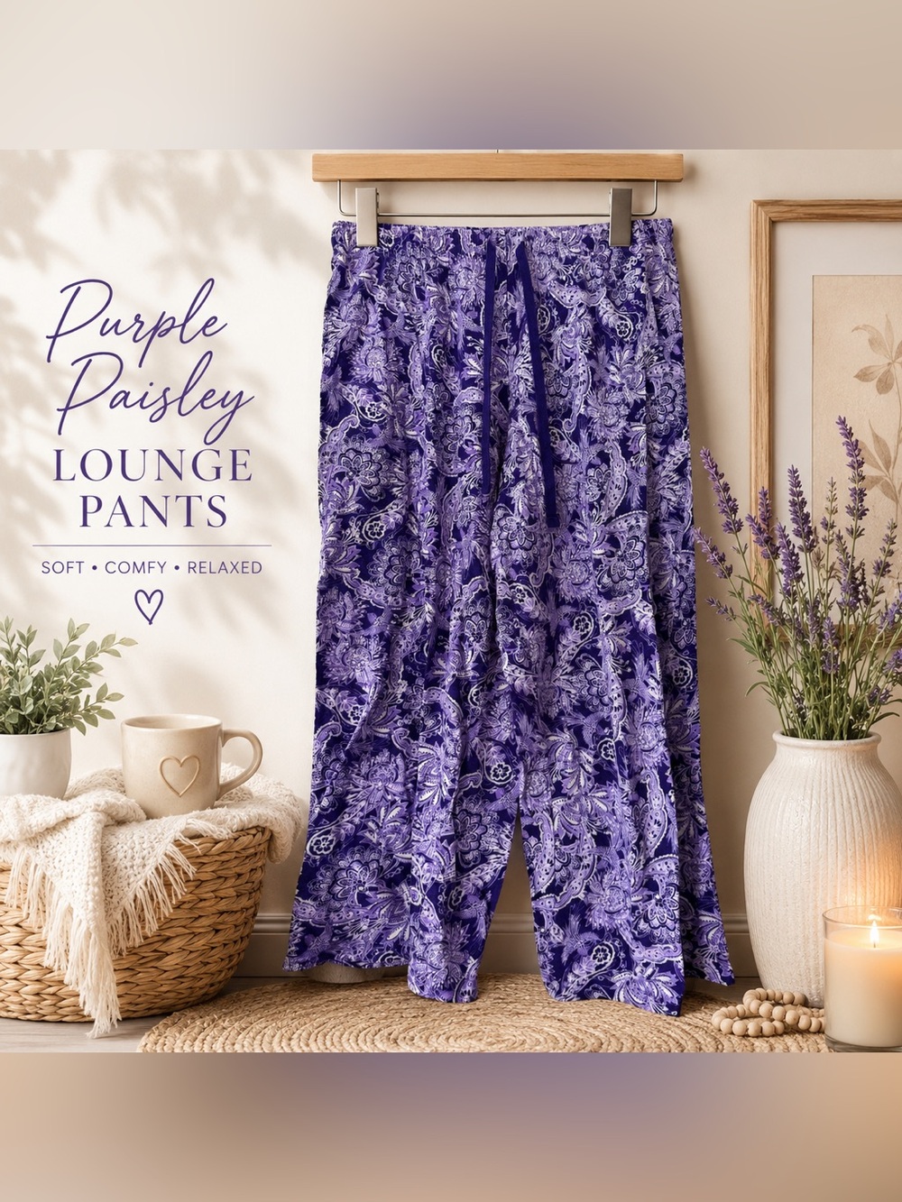 Purple Paisley Lounge Pants Soft Boho Wide Leg Pajama Pants Small Bird Floral
